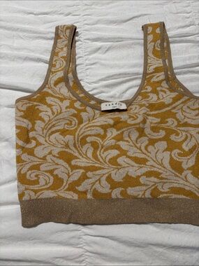 Sandro Paris Mustard & Cream Patterned Knit Tank with Shimmer Trim